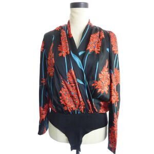 Zara Floral Satin Plunge V Neck Bodysuit Long Sleeve Blouse Black Red Small